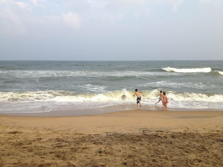 sea, wave, surf, beach, windy, ocean, wide, sand, children, HD wallpaper