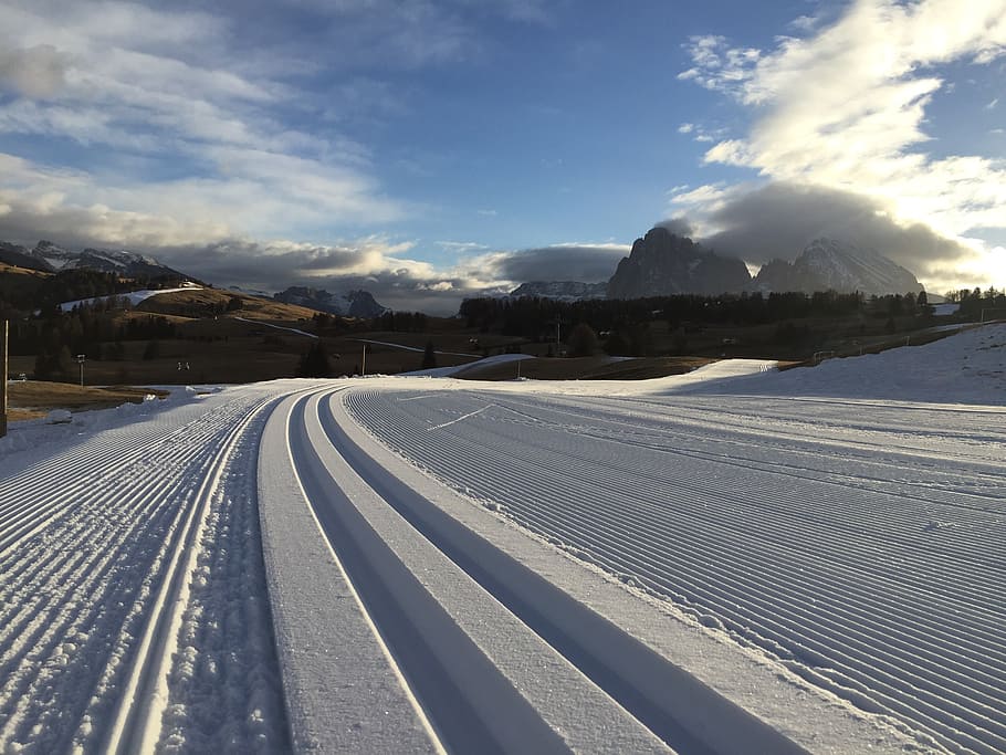 background, winter, alps, dolomites, mountain, seiseralm, track HD wallpaper
