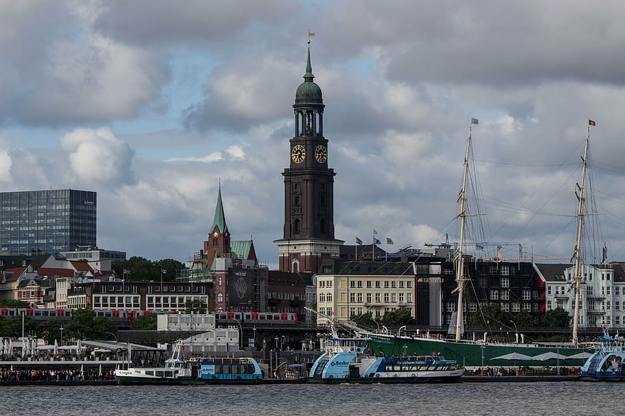 landungsbrücken, hamburg, michel, elbe, water, port, germany, HD wallpaper