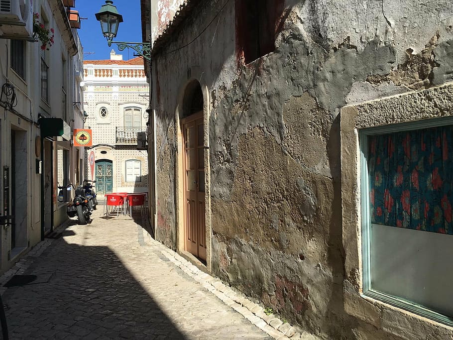 portugal, street image, old town, alcochete, city, houses, summer, HD wallpaper