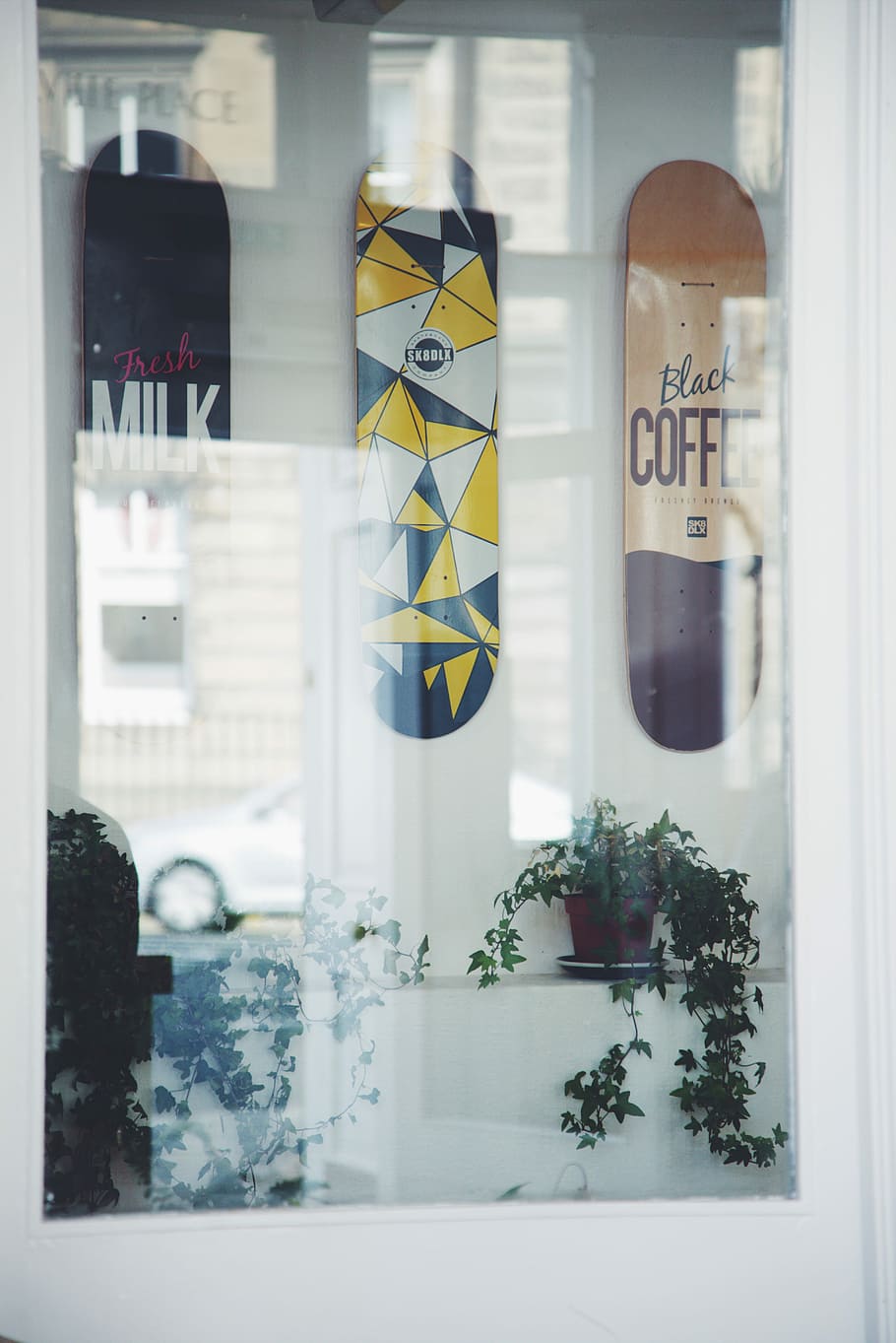 three assorted color skateboard decks, three assorted-color skateboard deck wall decors HD wallpaper