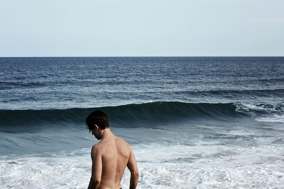 waves, ocean, sea, beach, people, hunk, muscle, shirtless, horizon HD wallpaper