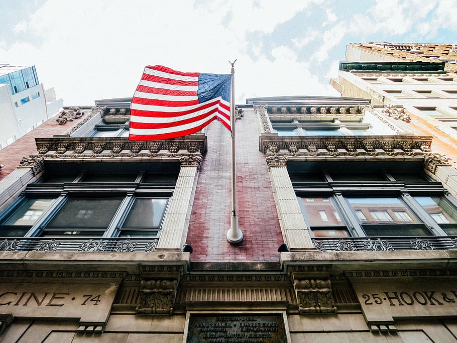 flag of American hanging on building, architecture, infrastructure HD wallpaper