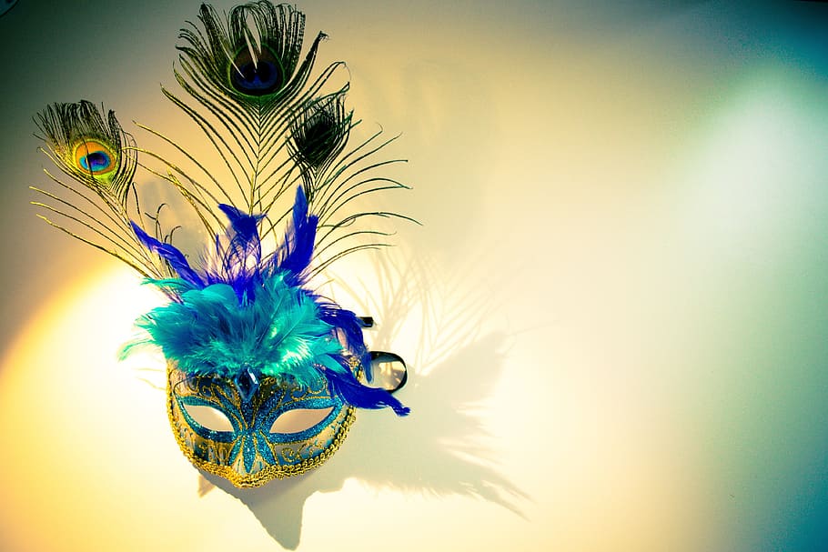 blue and green peacock feather design mask, venetian mask, carnival, HD wallpaper