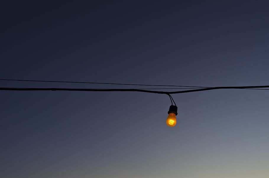 black LED light bulb, wire, dusk, sky, gradient, color contrast HD wallpaper