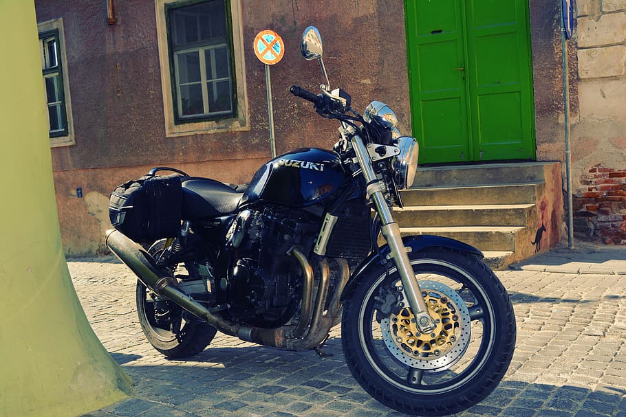Suzuki, Moto, Motorcycle, Sibiu, Street, black, green, wheel