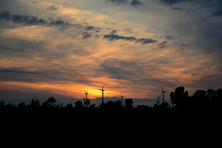 sunset, wind power, electricity, energy, clouds, quiet, calm HD wallpaper