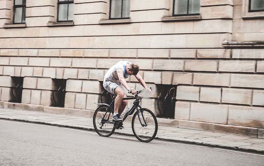 people, man, guy, bicycle, road, street, walls, building, windows HD wallpaper