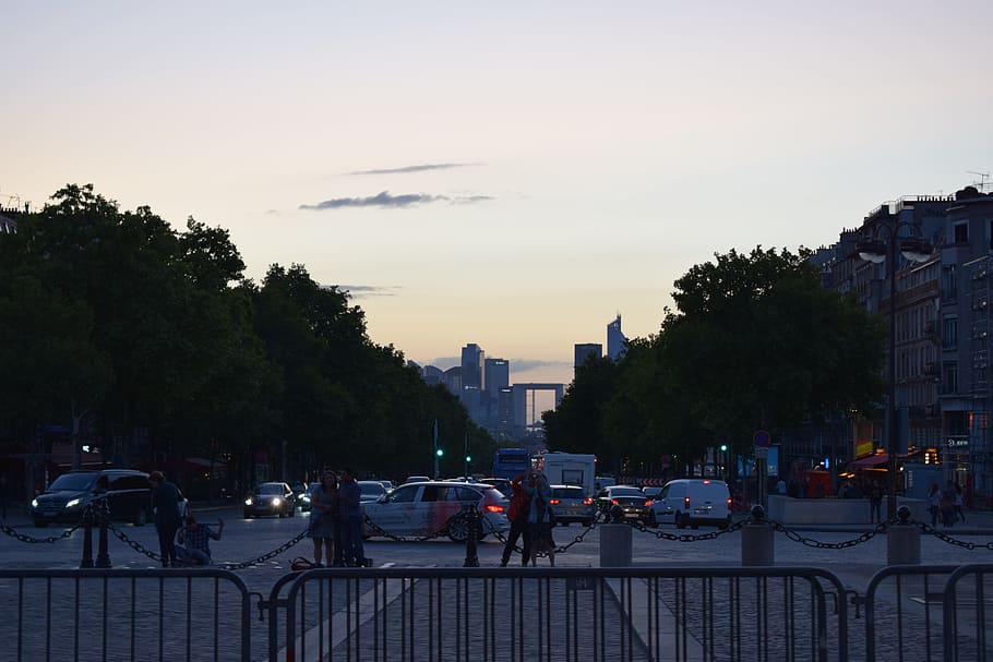 sky, city, evening, auto, paris, sunset, architecture, traffic HD wallpaper