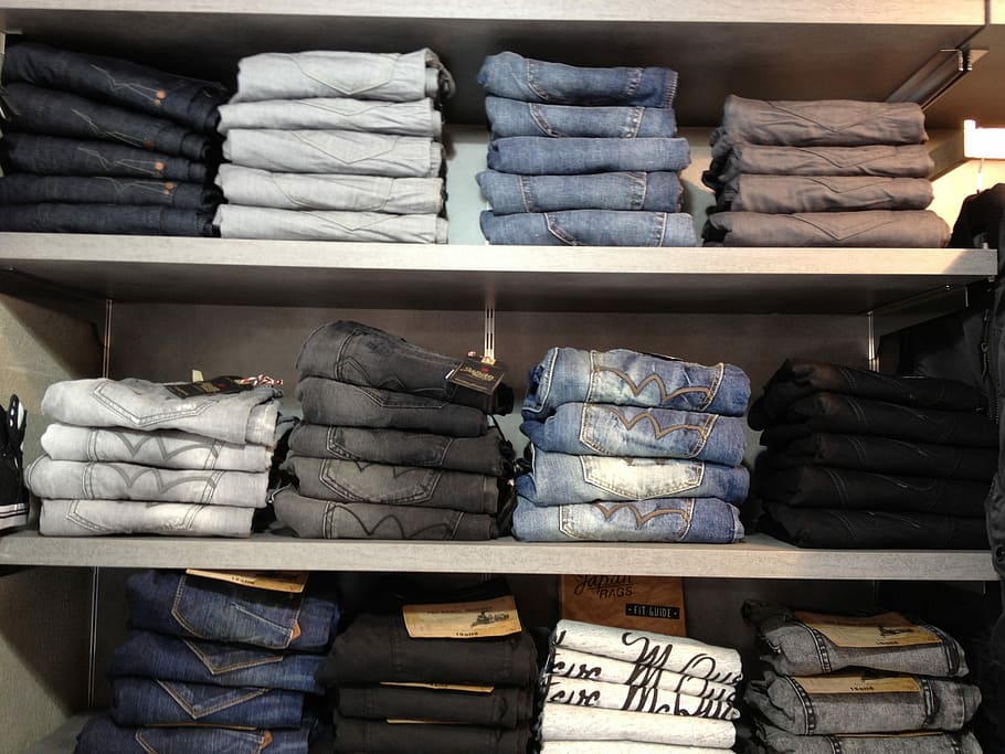 Jean, Stack, Sale, Store, jean stack, shelf, retail, large group of objects HD wallpaper