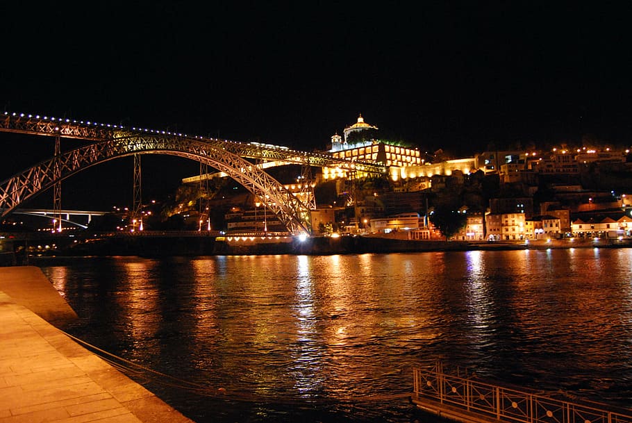 bridge across building, oporto, portugal, night, river, lights