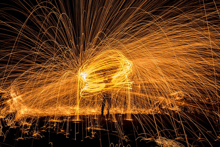 steel wool photography on man standing on black surface, fireworks display HD wallpaper