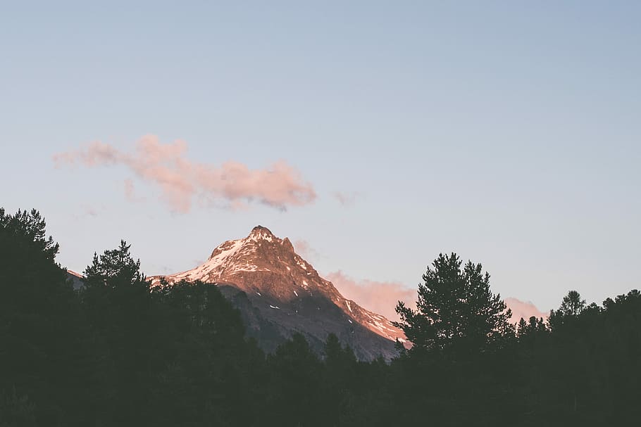 landscape photo of mountain alps, snow, tree, silhouette, cloud HD wallpaper