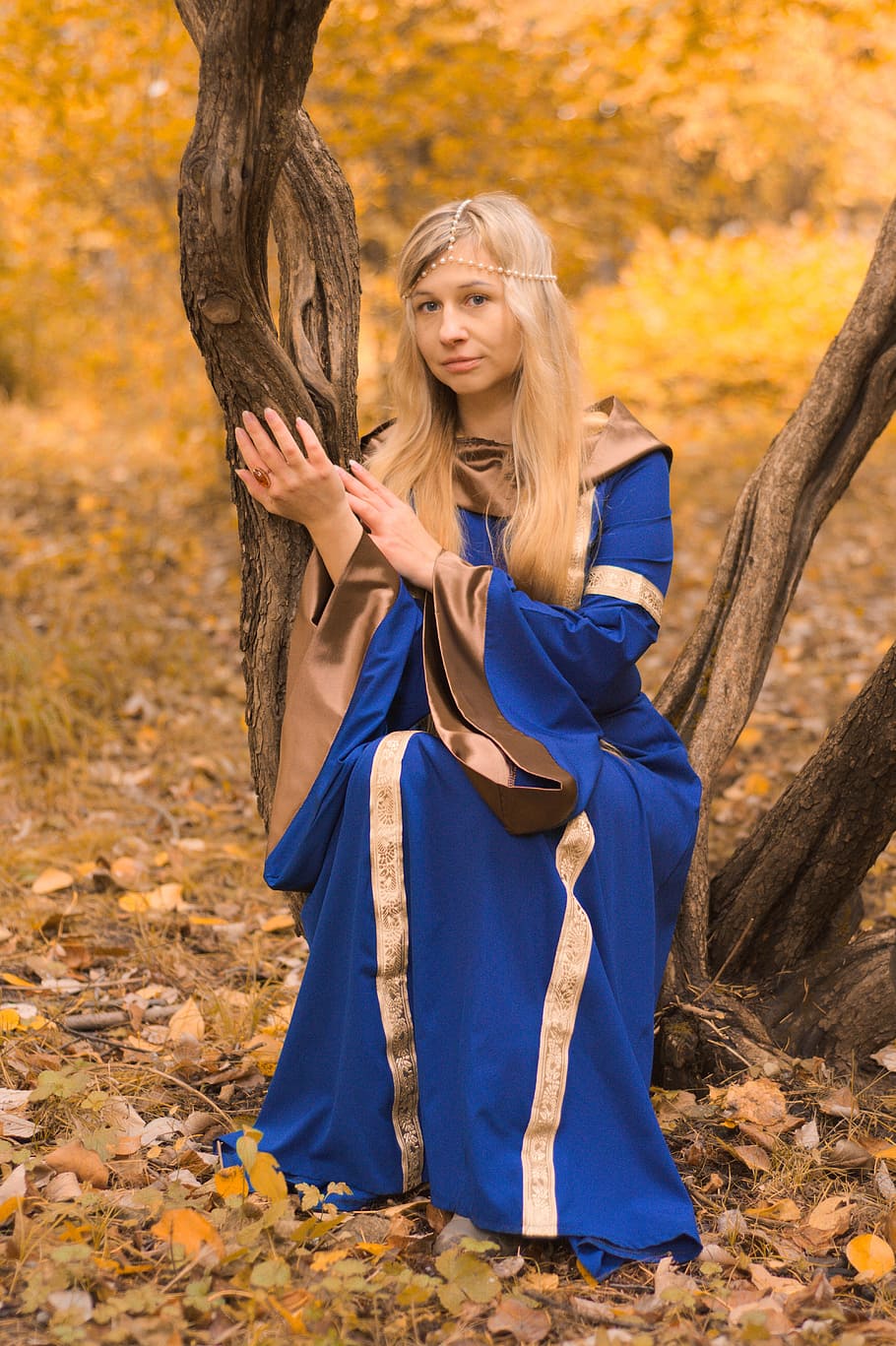 woman in blue and brown dress sitting on tree, magic, witch HD wallpaper