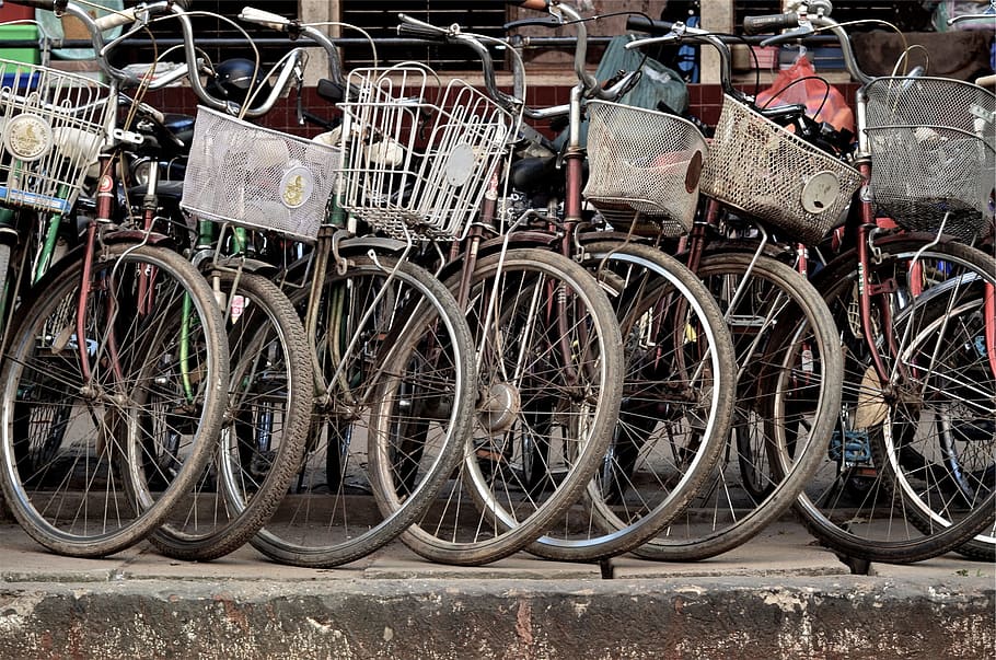 parked assorted-color bicycle lot, bikes, bicycles, baskets HD wallpaper