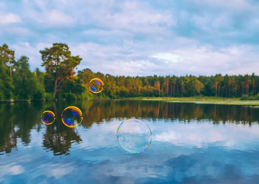 bubbles, nature, landscape, sky, clouds, green, trees, grass HD wallpaper