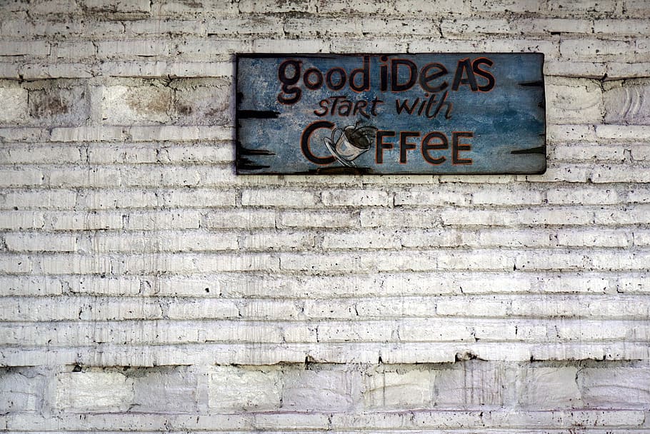 blue quote board on white concrete wall, coffee, coffee wall HD wallpaper