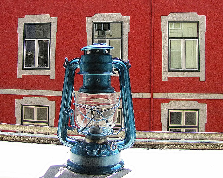 teal gas lantern, window, window sill, wall house, building HD wallpaper