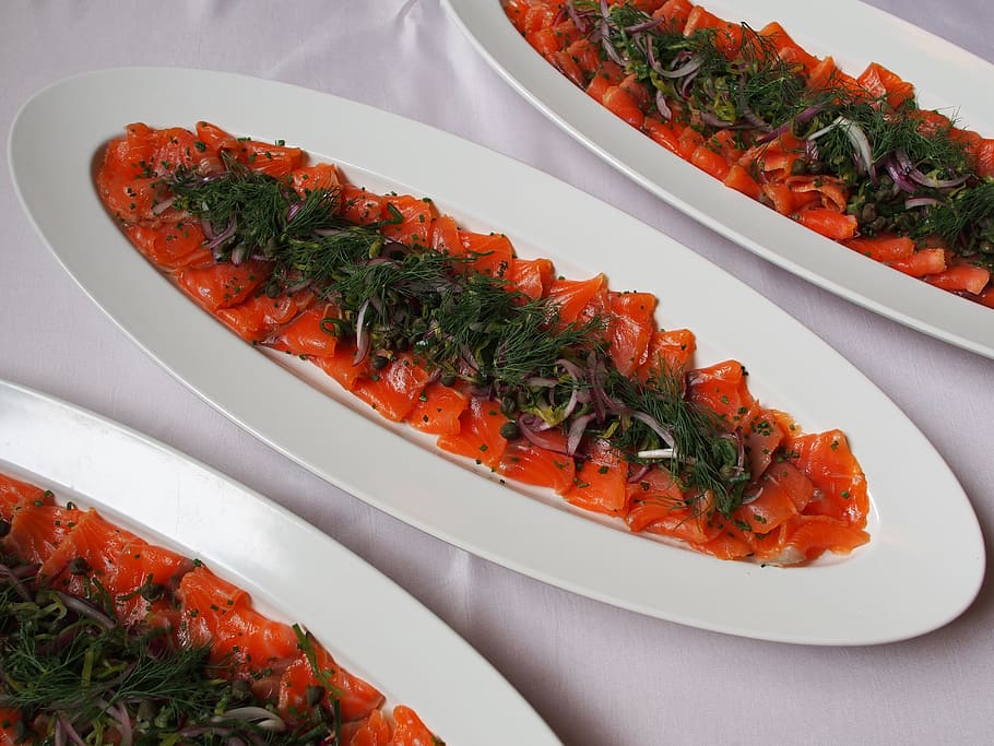 salmon, marinated, herbs, buffet, food and drink, freshness HD wallpaper