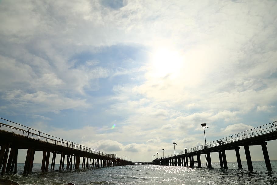 pier, dock, bridge, water, ocean, sea, sky, clouds, sunshine HD wallpaper