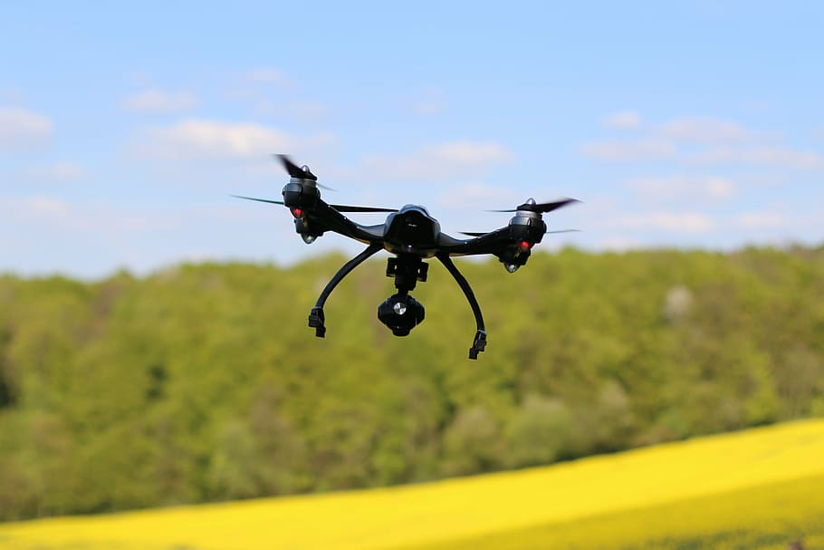 black drone hovering near forest, technique, technology, innovation, HD wallpaper