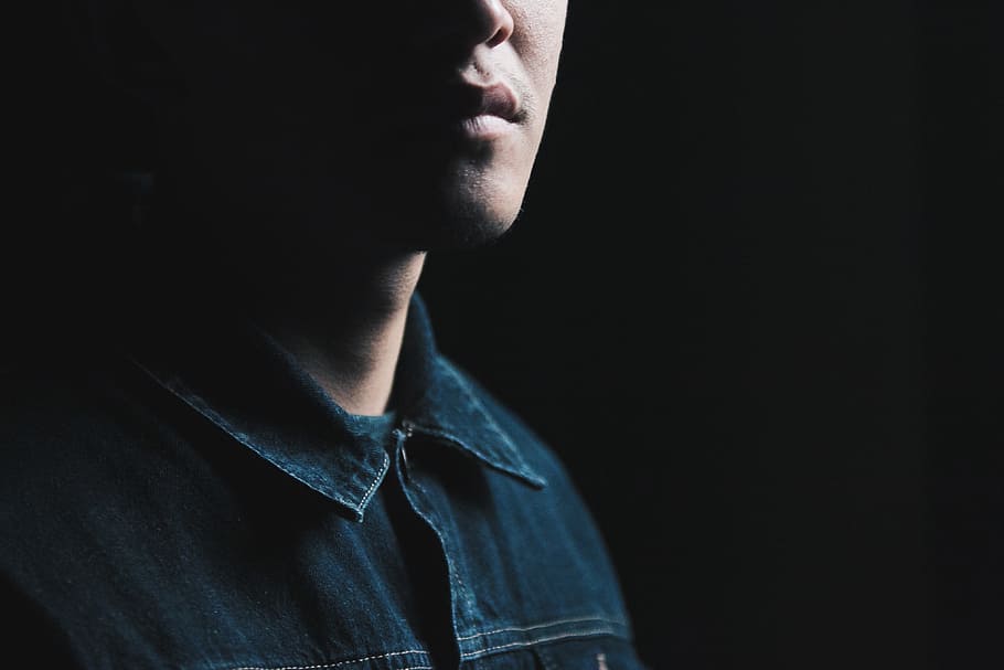 person wearing blue collared top, man wearing black button-up shirt inside dark room, HD wallpaper