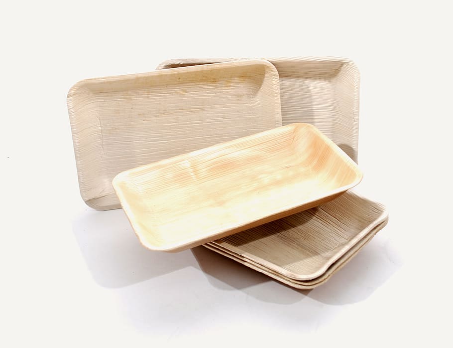 plates, palm leaf, material, rectangle, dishware, wooden, white background HD wallpaper