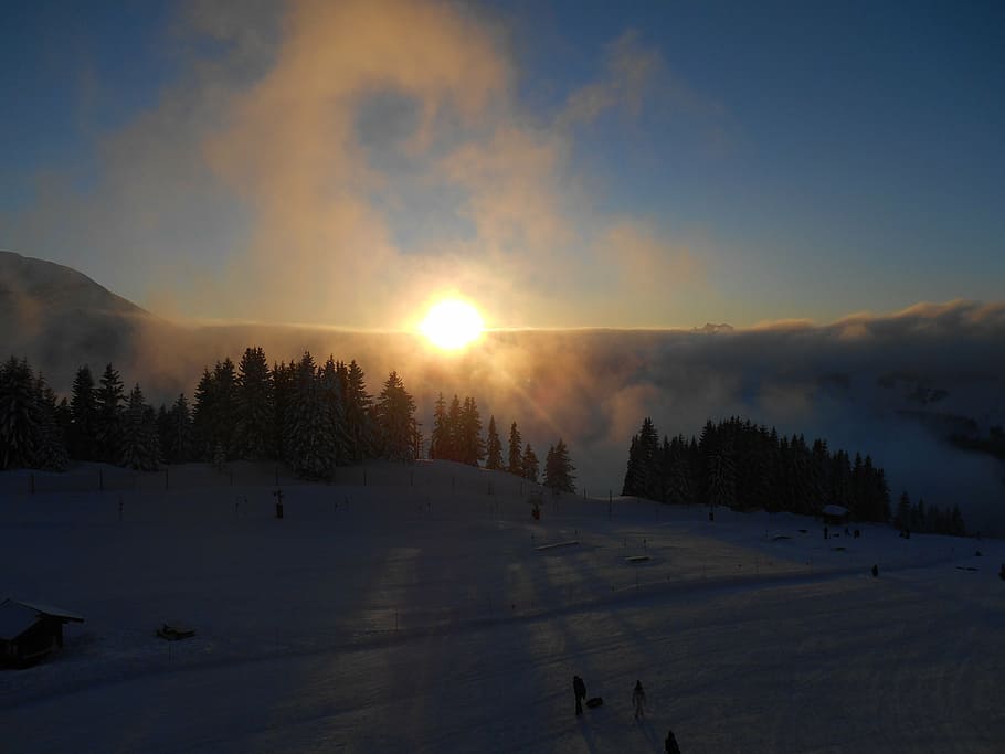 sunset, mountain, trees, snow, france, avoriaz, clouds, sky HD wallpaper