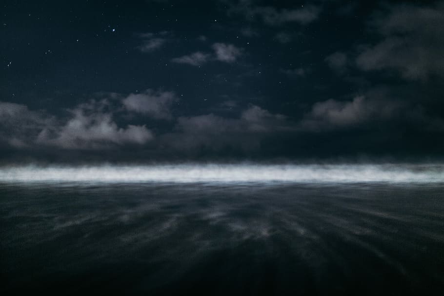white fog during nighttime, beach wave, sea, ocean, water, cloud HD wallpaper