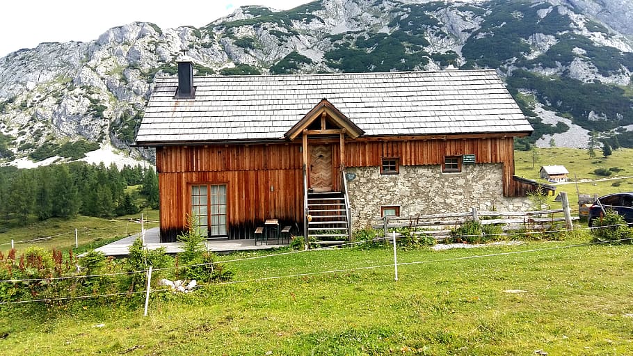 alpine hut, mountains, alm, meadow, grass, nature, mountain hut HD wallpaper