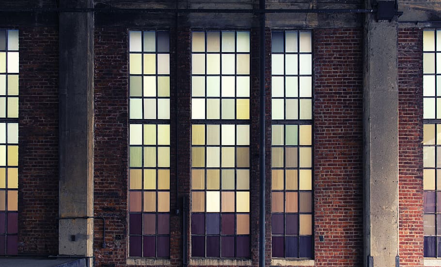 photography of stained glass window, old building, colors, rectangles