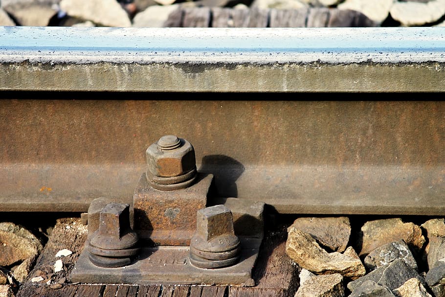 rail track, stainless, threshold, screw, metal, train, seemed HD wallpaper
