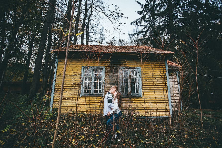 mountain, couple, hugs, stroll, nature, romance, tree, plant HD wallpaper