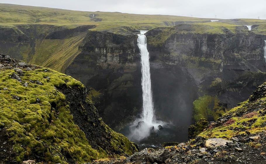waterfalls rushing on rocks, splash, mountain, cliff, scenics - nature HD wallpaper