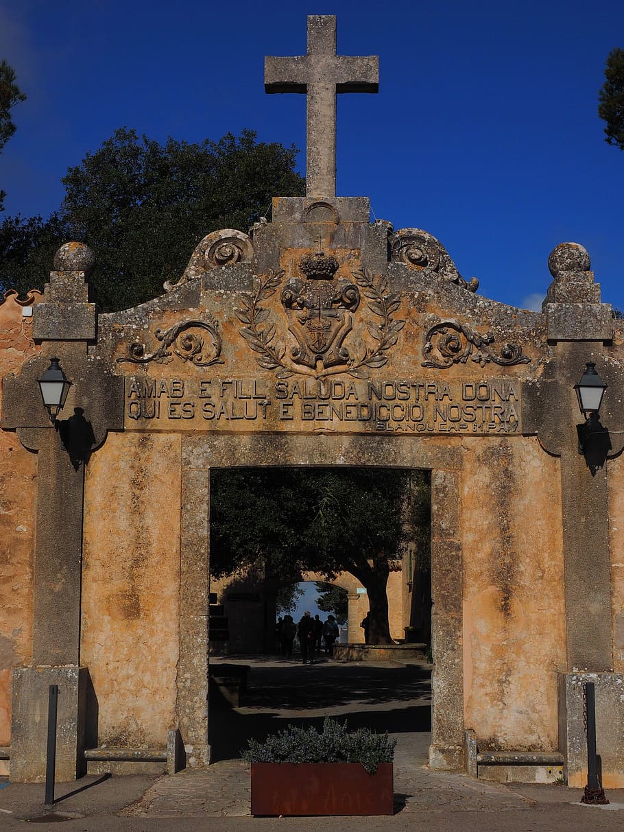 monastery cura, input, goal, door, portal, cross, algaida, courtyard, HD wallpaper