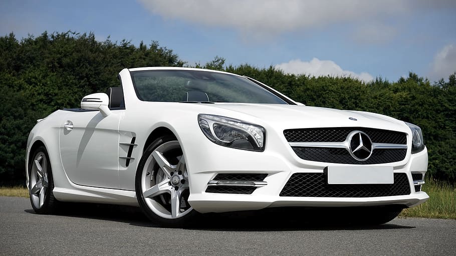 white Mercedes-Benz convertible coupe on road, car, auto, transport