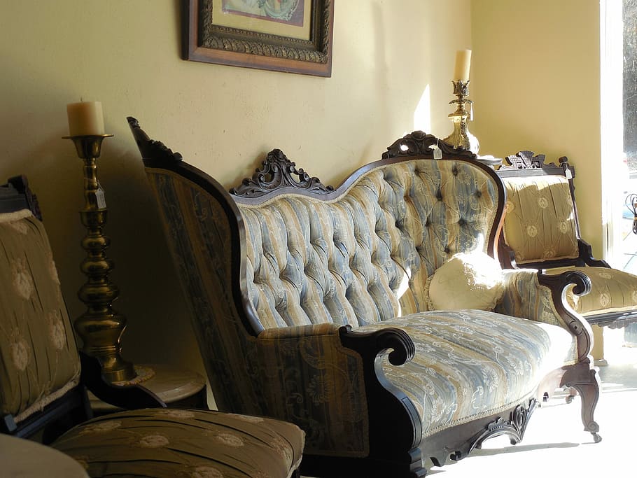brown wooden framed yellow and grey padded tufted couch between two armchairs HD wallpaper