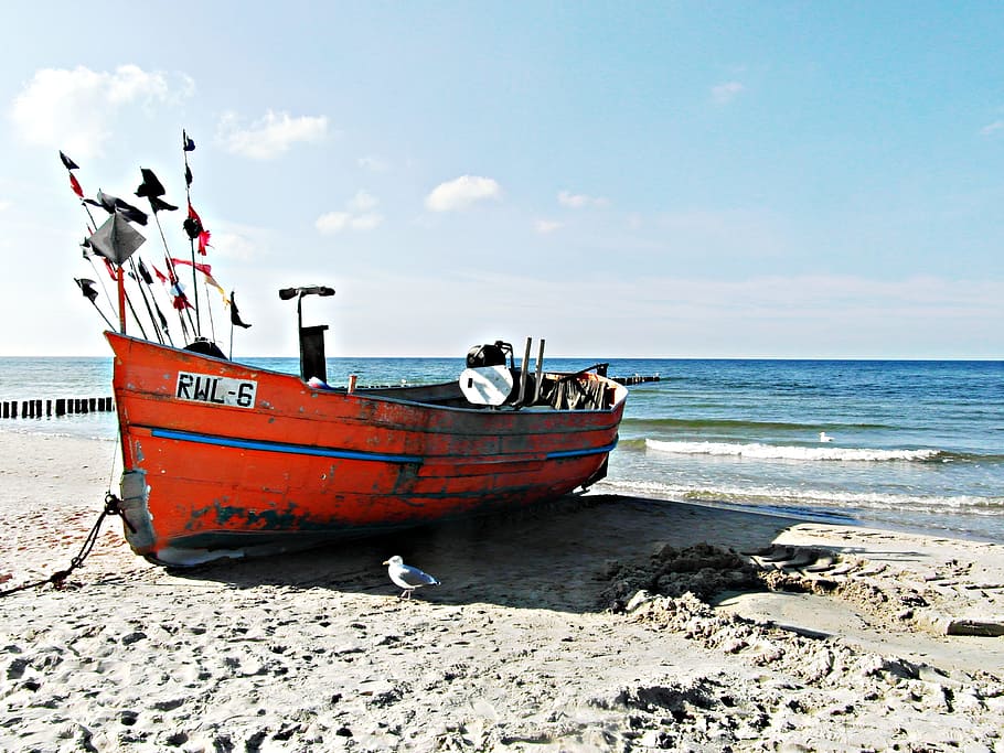 sea, beach, cutter, sky, water, swimming, hunting, flags, the coast HD wallpaper