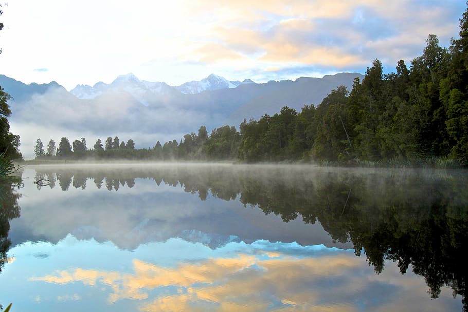 calm body of water, reflection, forrest, woods, sky, lake, nature HD wallpaper