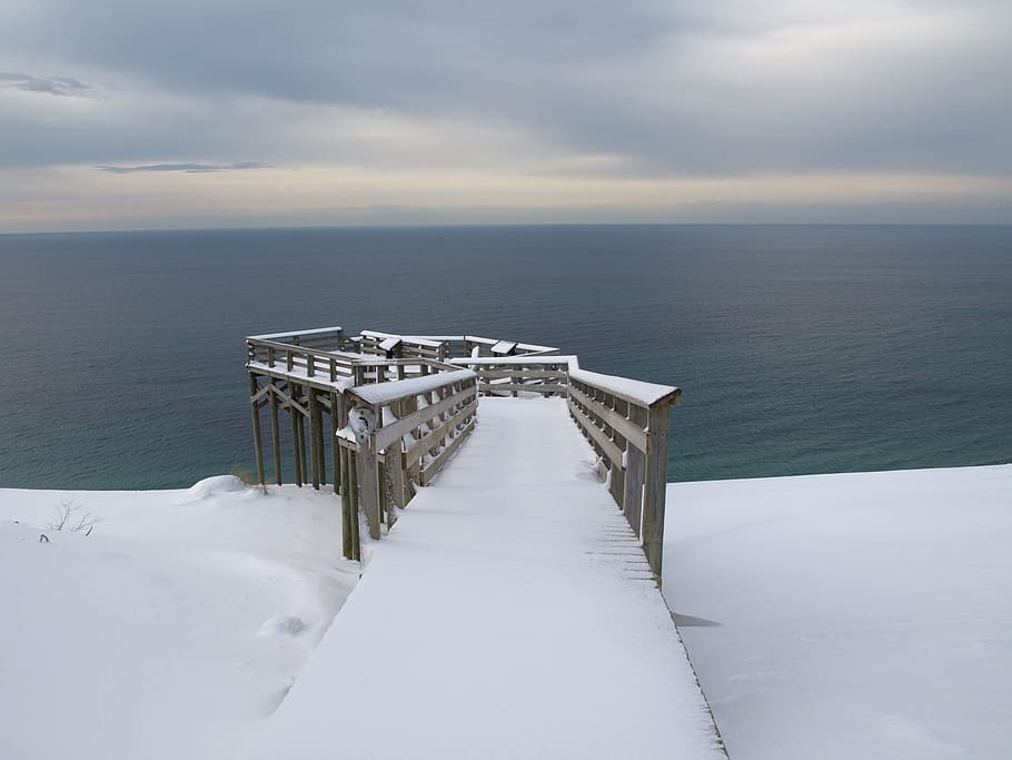 snow-capped brown wooden dock near sea at daytime, Landscape HD wallpaper