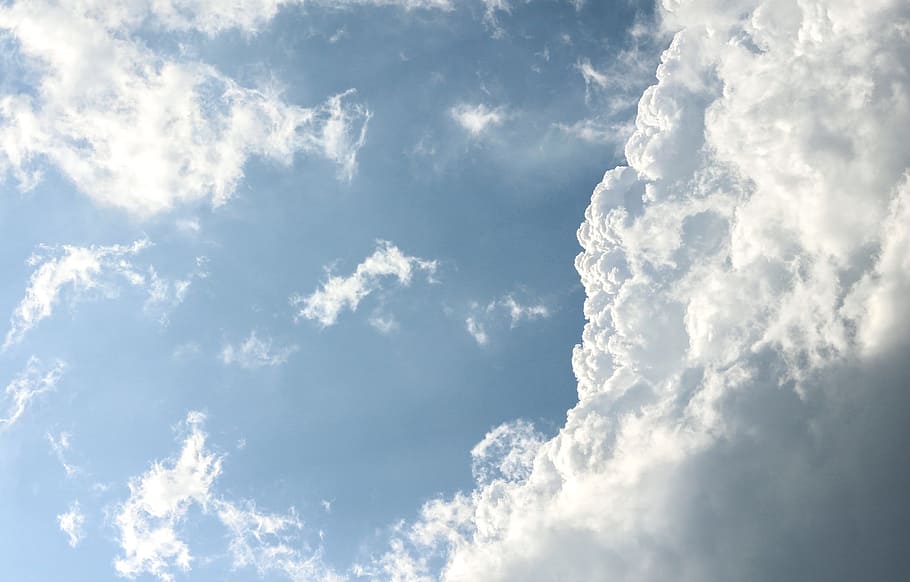 cloud surface during daytime, blue, sky, clouds, sunshine, summer HD wallpaper