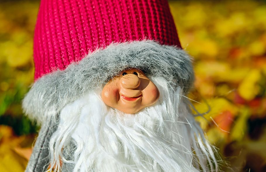 closeup photography of gnome with red and gray knit cap, dwarf HD wallpaper