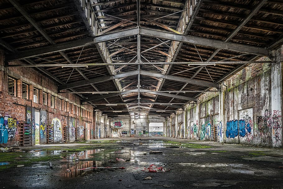 landscape photo of building interior, hall, stock, lost places