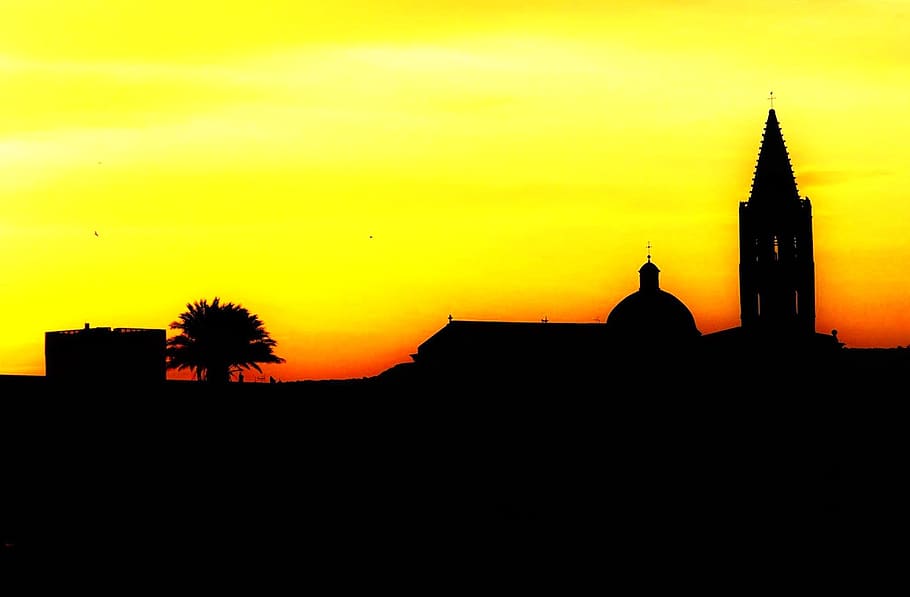 silhouette, sun, architecture, sky, built structure, sunset HD wallpaper