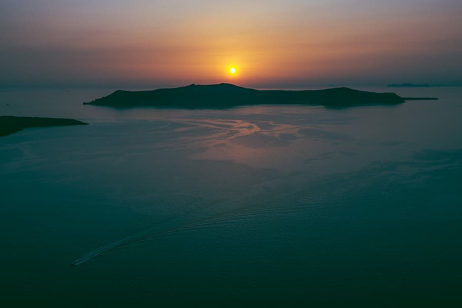 silhouette of island during golden hour aerial photo, silhouette photography of island, HD wallpaper