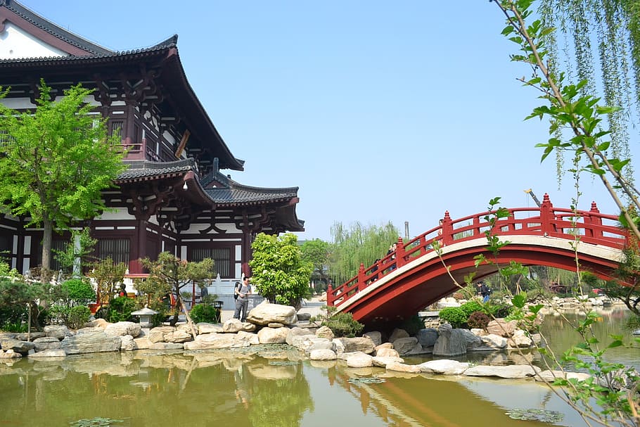 river, bridge, china, building, lake, the scenery, autumn, beautiful HD wallpaper
