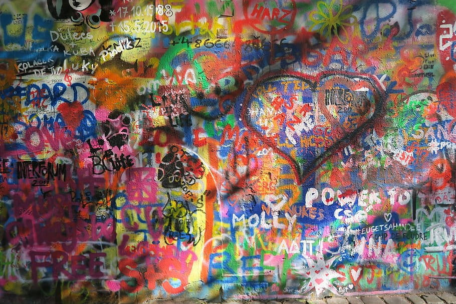 abstract painting on wall, graffiti, heart, letters, colours HD wallpaper