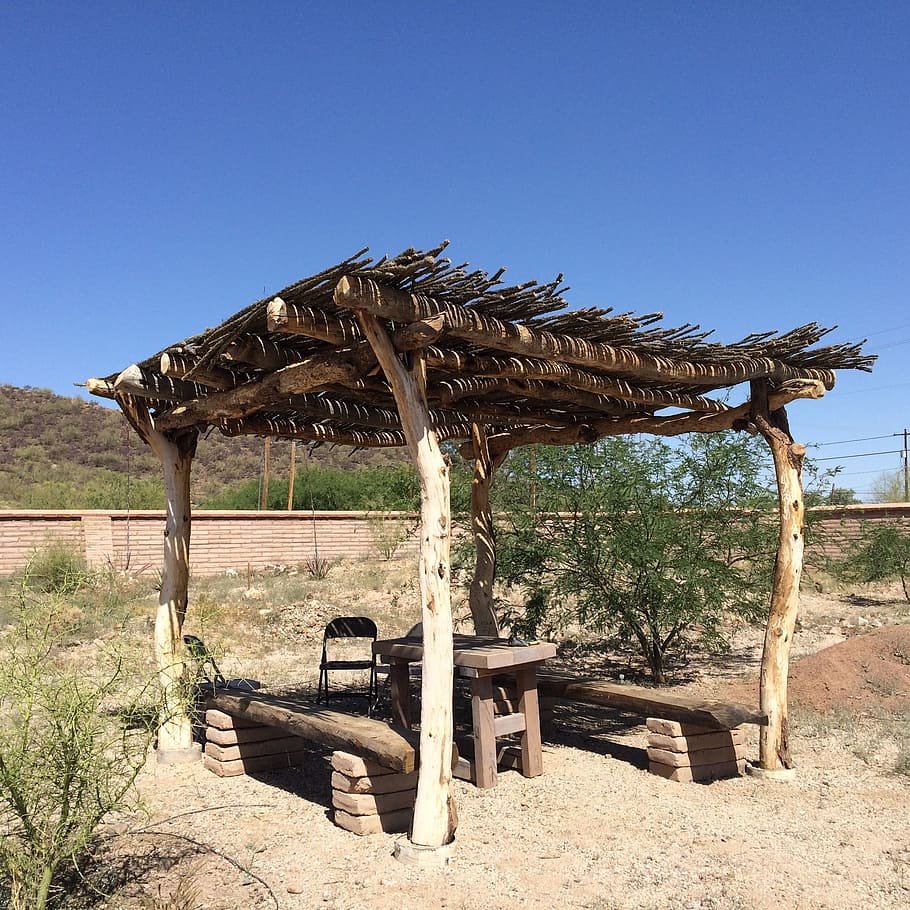 ramada, shade, arid, desert, ocotillo roof, mesquite timbers HD wallpaper
