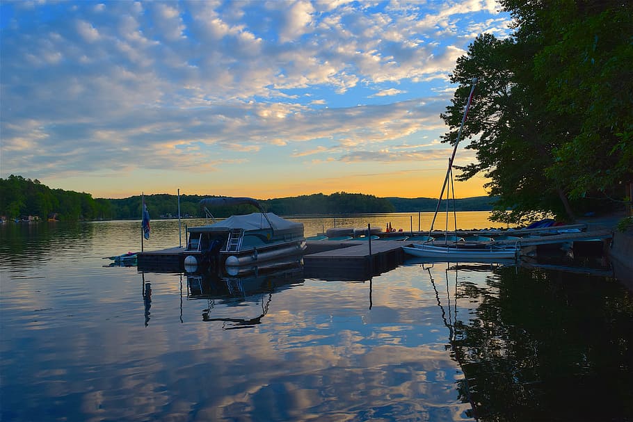 boat, sunset, lake, tree, water, reflection, nature, landscape HD wallpaper