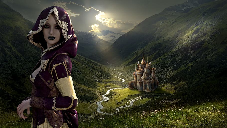 woman wearing purple and beige medieval dress with castle background, HD wallpaper
